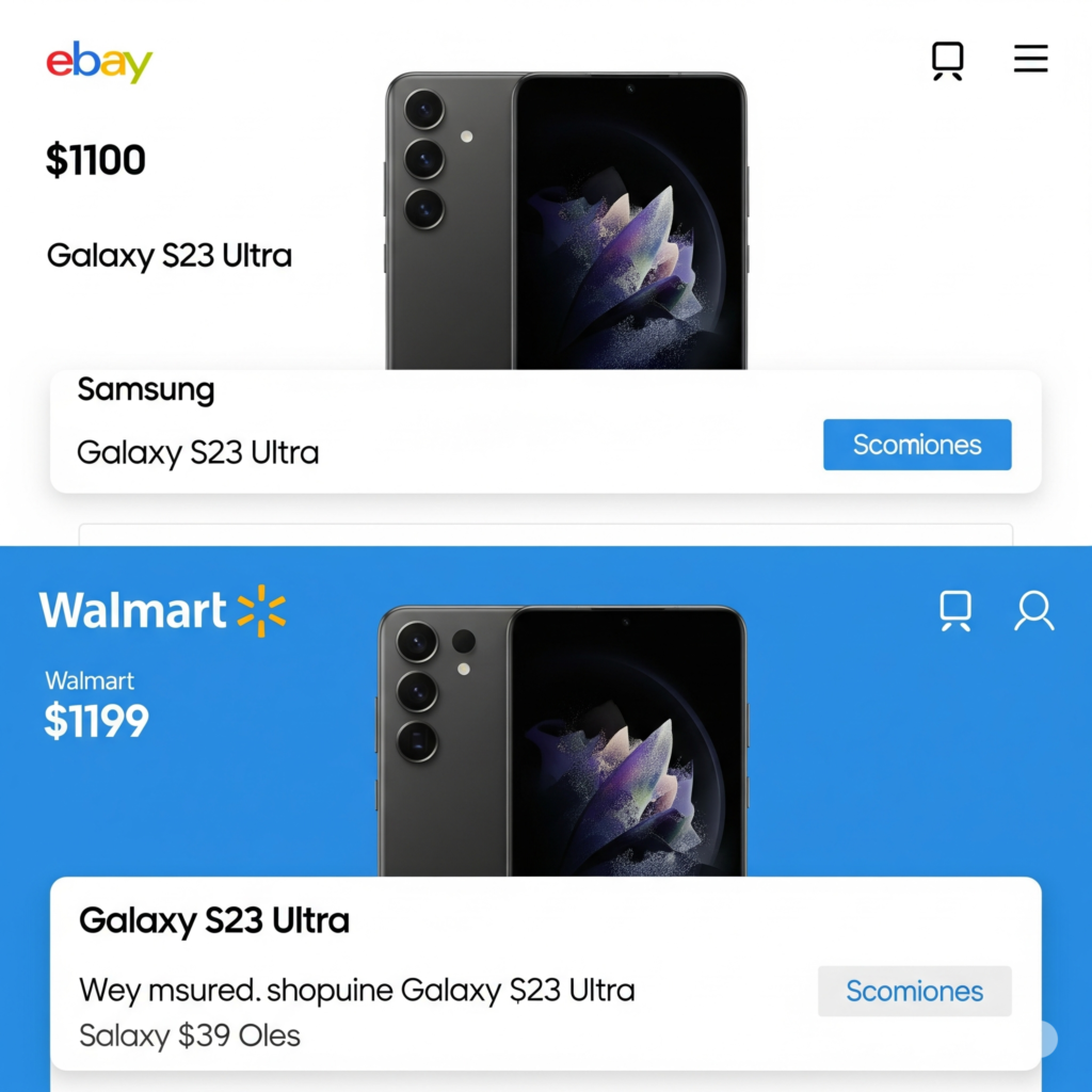 Same smartphone shown with different prices on Amazon, Flipkart, and Croma