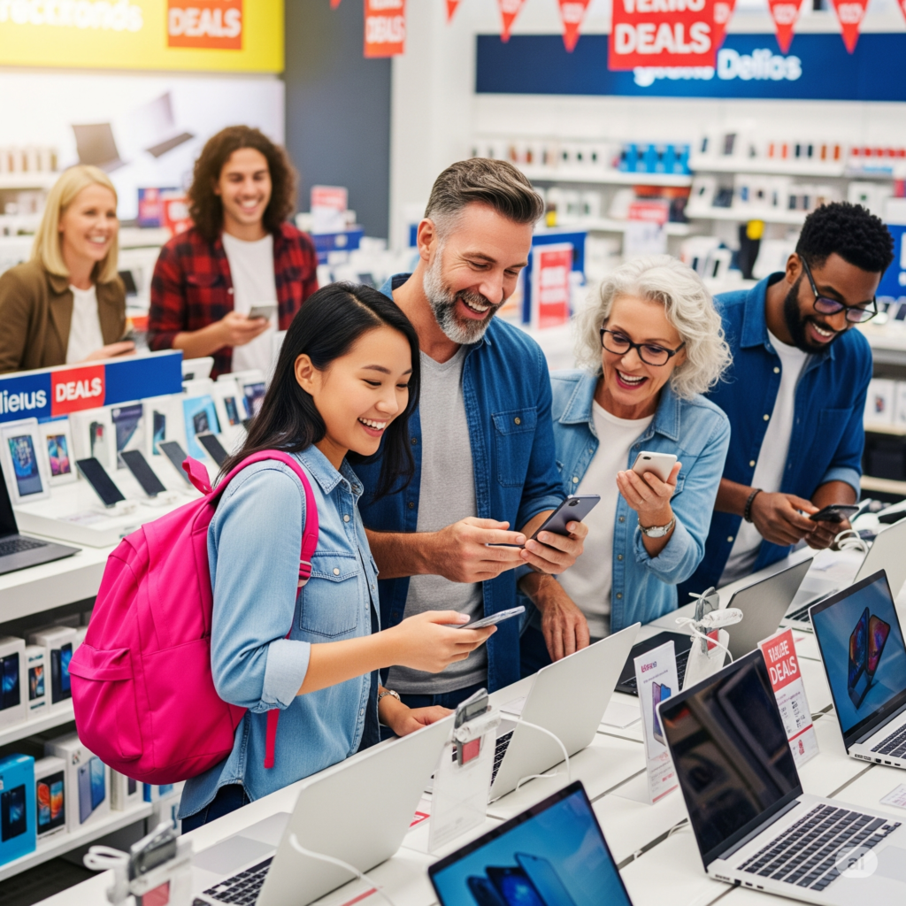 Group of diverse shoppers comparing deals online for phones and electronics