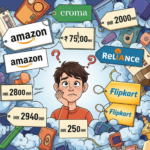 Confused online shopper at a laptop surrounded by price tags from Amazon, Flipkart, Croma, and Reliance, with a glowing bell icon indicating a price drop alert