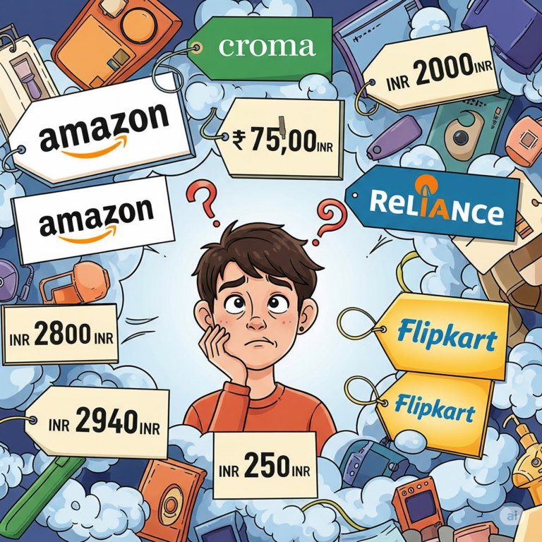 Confused online shopper at a laptop surrounded by price tags from Amazon, Flipkart, Croma, and Reliance, with a glowing bell icon indicating a price drop alert