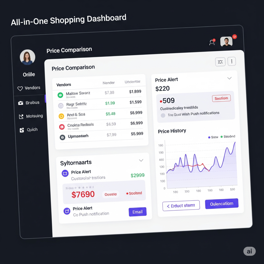 Mockup of all-in-one smart price comparison and alerting platform interface