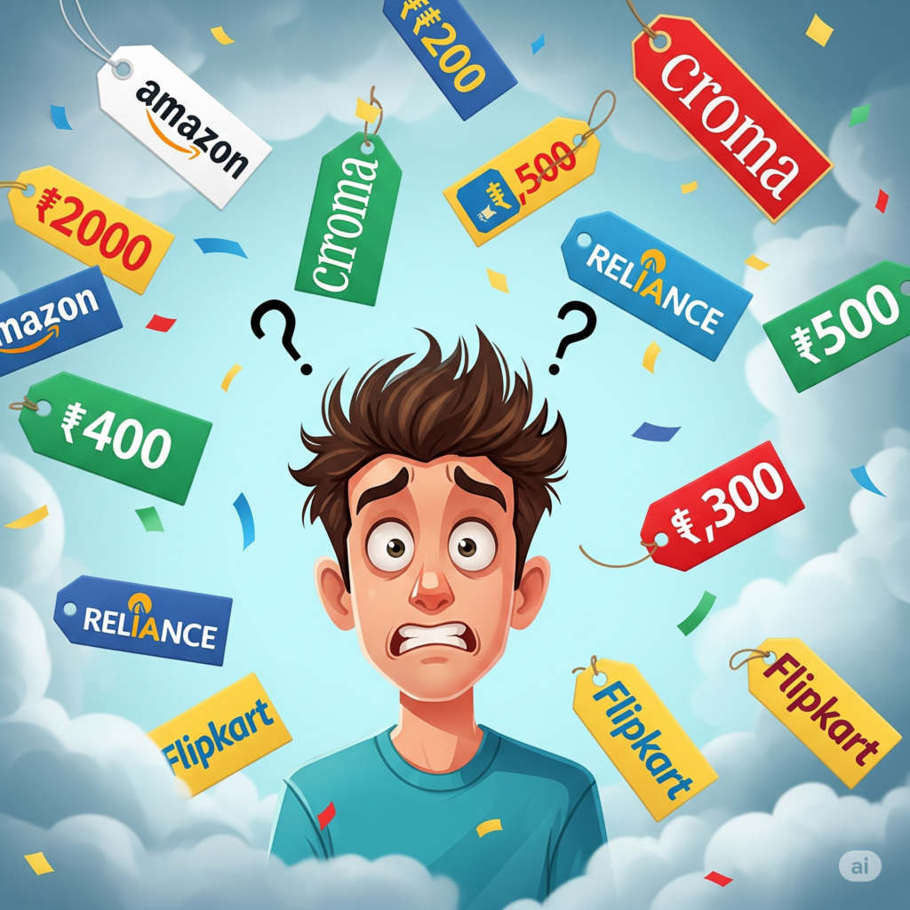 Frustrated online shopper overwhelmed by different prices from multiple e-commerce platforms