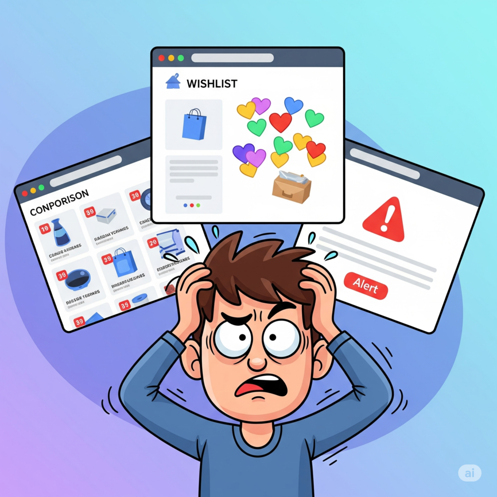 User switching between multiple browser tabs for price tracking and comparison